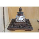 Oak glass Victorian ink well and stand,