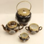 Fenton black and gold biscuit barrel, with EPNS lid and handle, Fenton teapot, sugar bowl,