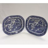 A pair of 19th Century blue and white transfer printed oblong meat plates,