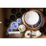 Selection of mixed ceramics including a set of Japanese Saki goblets with tray,