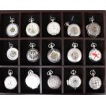 15 decorative pocket watches incomplete set of mixed pocket watches in display boxes