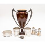 A two handled trophy and two beakers,