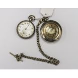 A silver pocket watch along with metal case, nickel watch,