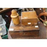 Sewing box with contents plus a musical jewellery box and a fruitwood container (3)