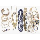A collection of costume jewellery including possibly sodalite pendants,