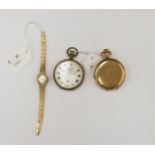 A gold plated Hunter pocket watch, white enamel dial, numerals and subsidiary dial,