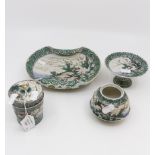 Five items of Japanese Famille Vert enamelled porcelain small stem cup,