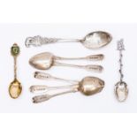 Five various silver teaspoons and three various commemorative spoons.