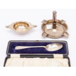 Birmingham silver 1920's ashtray cigar cutter along with a tea strainer Birmingham and a London