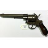 Belgian pin fire 6 shot revolver. Approx 10mm bore. No makers marks or serial number.