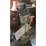 Two Trumans Brewery malt shovels, tool chest with tools, galvanised tub,