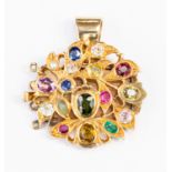 A yellow metal and gem-set pendant, set with diamond, ruby, emerald, sapphire, pearl, amethyst,