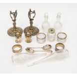 A collection of silver and silver-plated including: a pair of silver mounted cut glass salts;