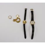 A 9 ct gold cased wristwatch, 9 ct gold stone set ring, gilt fob watch,