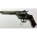 Belgian made pin fire revolver. 6 shot. Approx 10mm bore. 160mm long barrel.