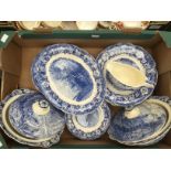 A Palissy Thames River Scene part dinner service, in blue and white transfer, comprising tureens,