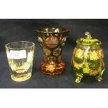 Assorted Continental glassware including amber coloured glass vase with pictures of famous local