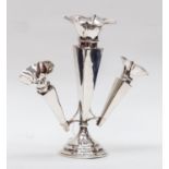 A George V silver epergne, trumpet shaped central vase stem flanked by two matching vases,