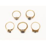 Five 9ct gold sapphire set dress rings, various styles, sizes K, L, M, M1/2, N,