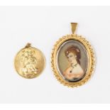 An 18ct gold oval portrait pendant with stone set features, bale stamp 750,