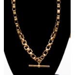 A 9ct gold Victorian Albert chain, fancy box link design, T bar and toggle fastenings,