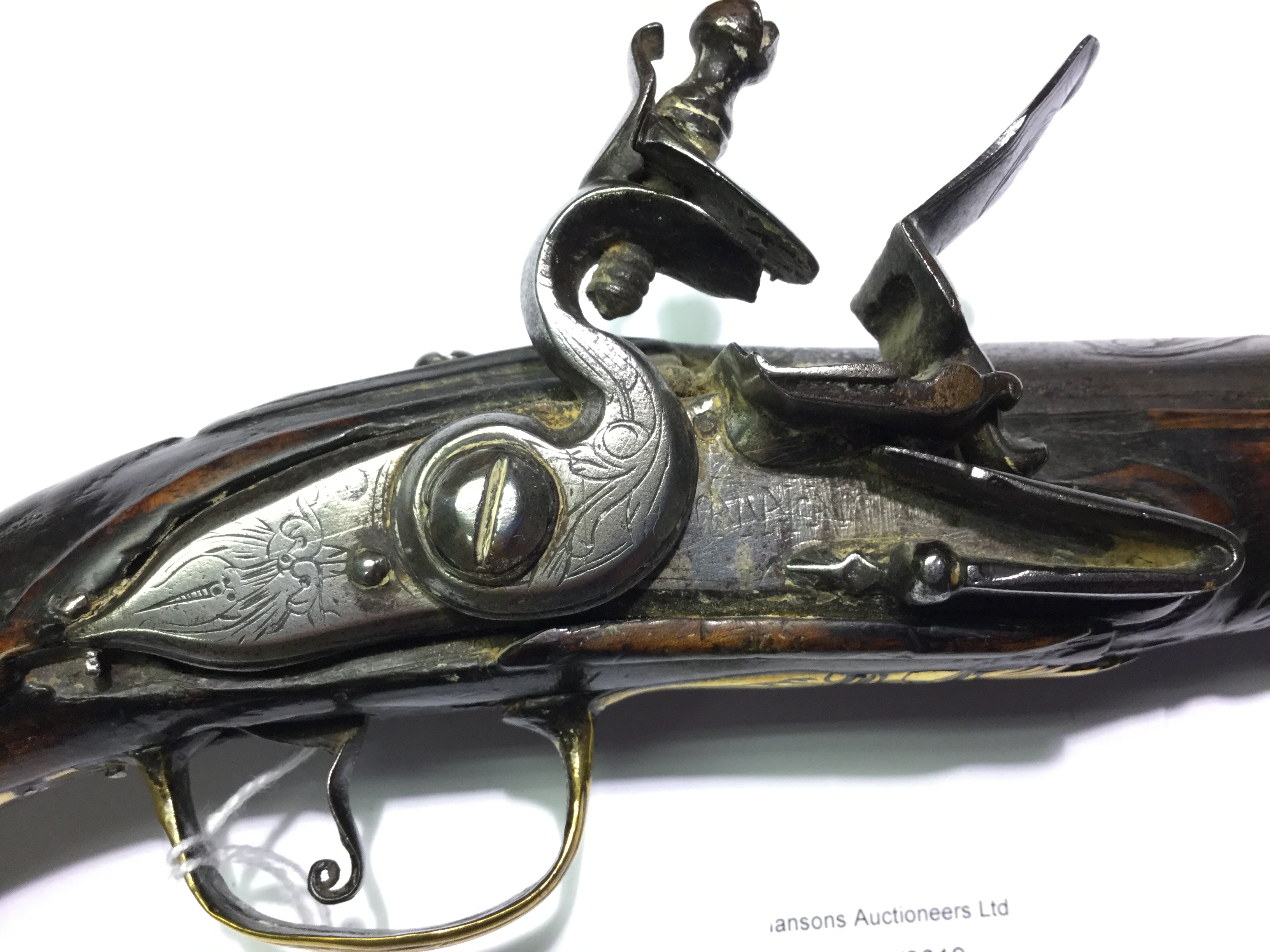 Flintlock pistol with 300mm long barrel. Engraved barrel with grotesque mask. - Image 2 of 9
