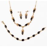 A 9ct gold necklace, earrings and bracelet suite,