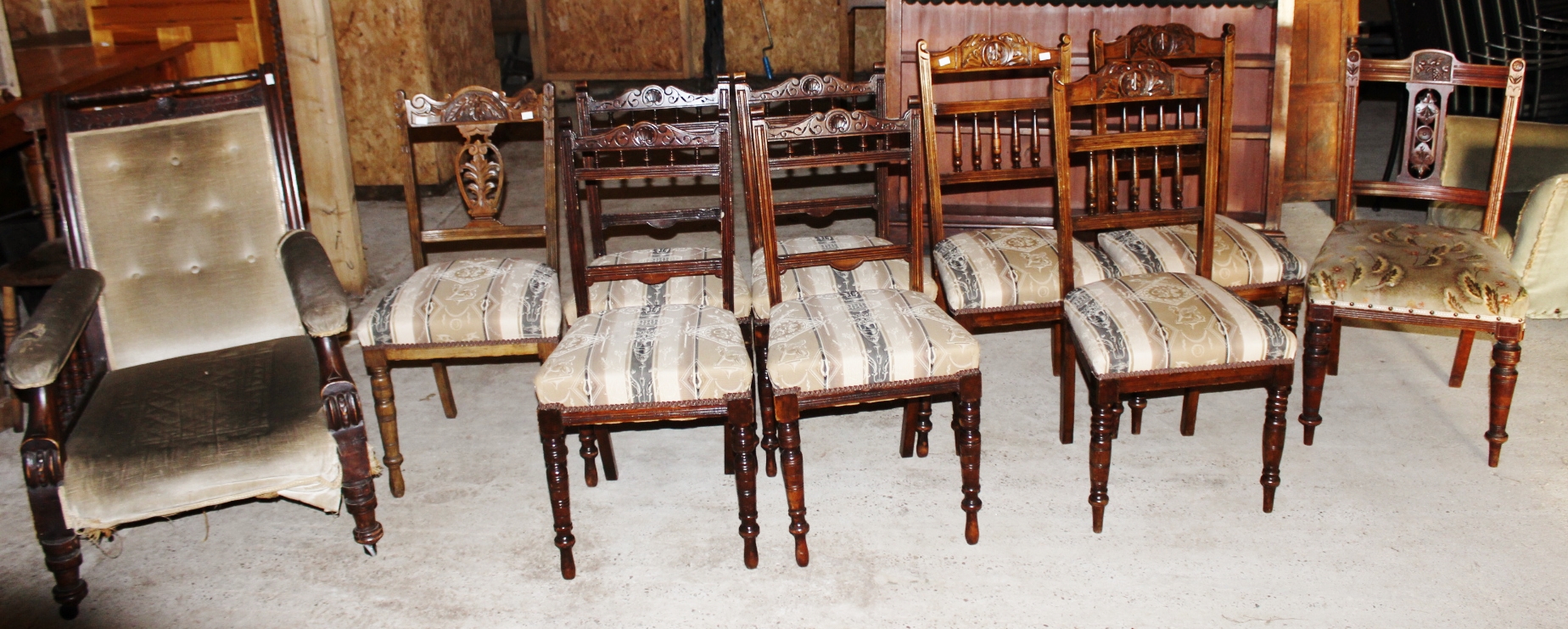 A harlequin set of nine late Victorian dining chairs,