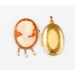 A 9ct gold cameo brooch, with three pearl droplets, along with a 9ct gold locket,