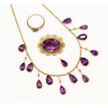 An Edwardian 9ct gold and amethyst and pearl set fringe necklace,