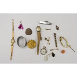 Assorted items to include four vintage ladies watches; an E J Thompson London pocket watch movement,