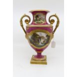 A Derby Bloor pedestal urn vase, twin handled form, on square base,