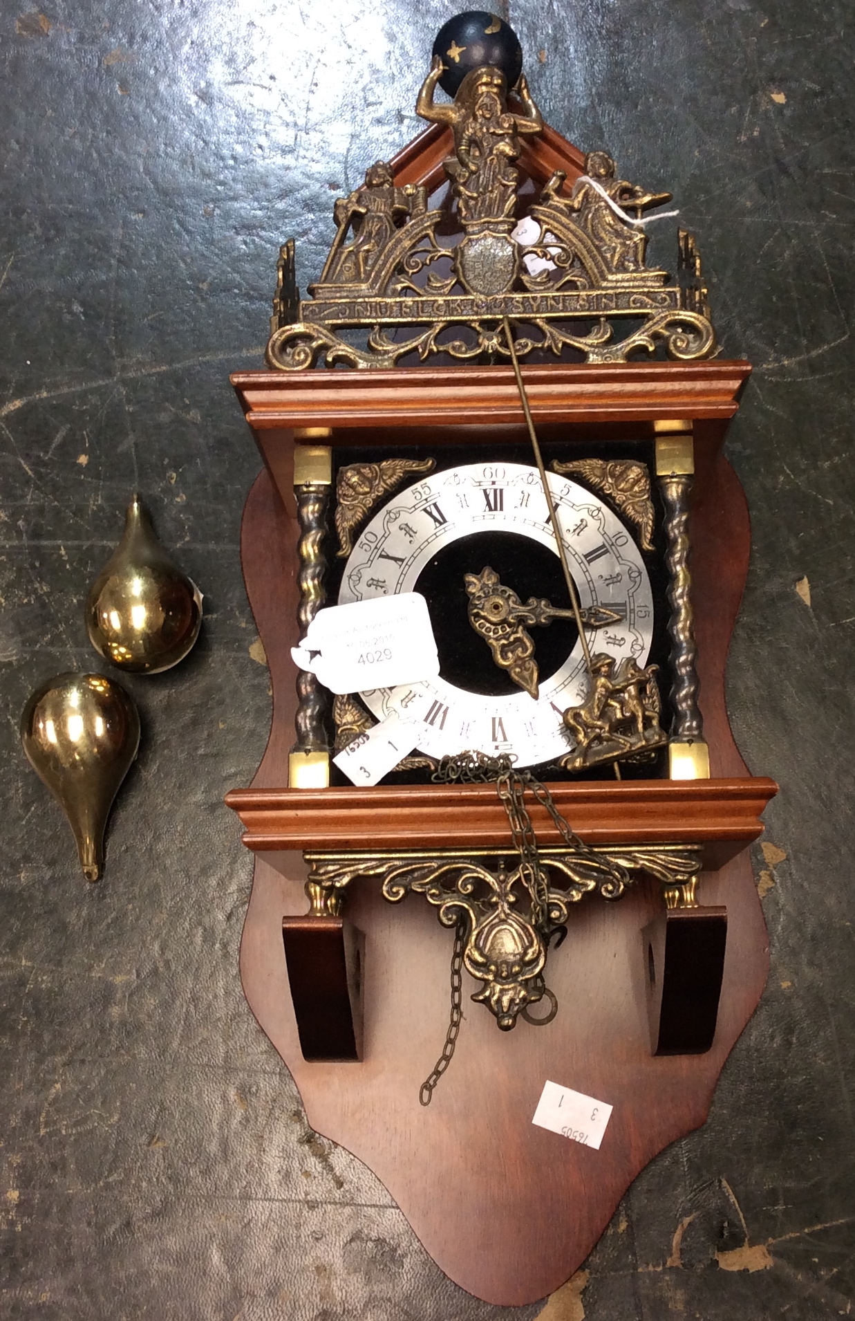 A 20th century wall clock, with two weights,