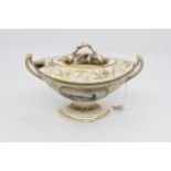 A Derby porcelain navette form sauce boat and cover, circa 1790, Neoclassical, pedestal design,