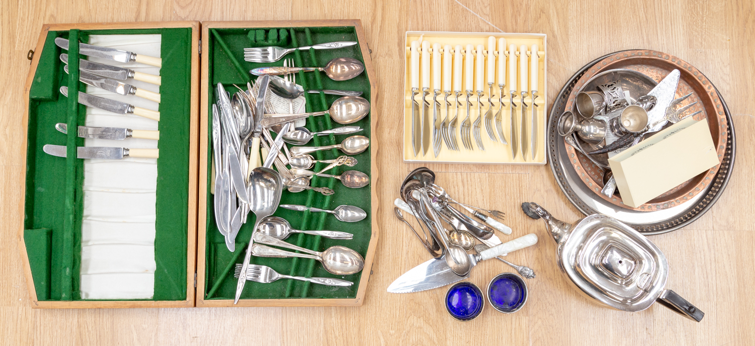 Collection of plated items including tea/coffee pot, tray, flatware, spoons, brass, tray,