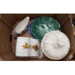 Assorted ceramic pieces including Palissy Ware and Majolica cabbage dish