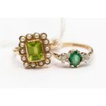 A 9ct gold, peridot and seed pearl ring, size O1/2, approx 4.