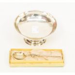 Sheffield silver bowl 10.5 cms diameter approx, London silver Coronation spoon in box, 11.