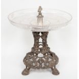 A Continental white metal and glass comport, the circular glass top with hobnail cut decoration,