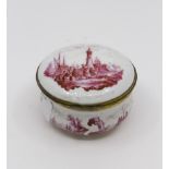 A 19th century trinket round box with pink scenes,