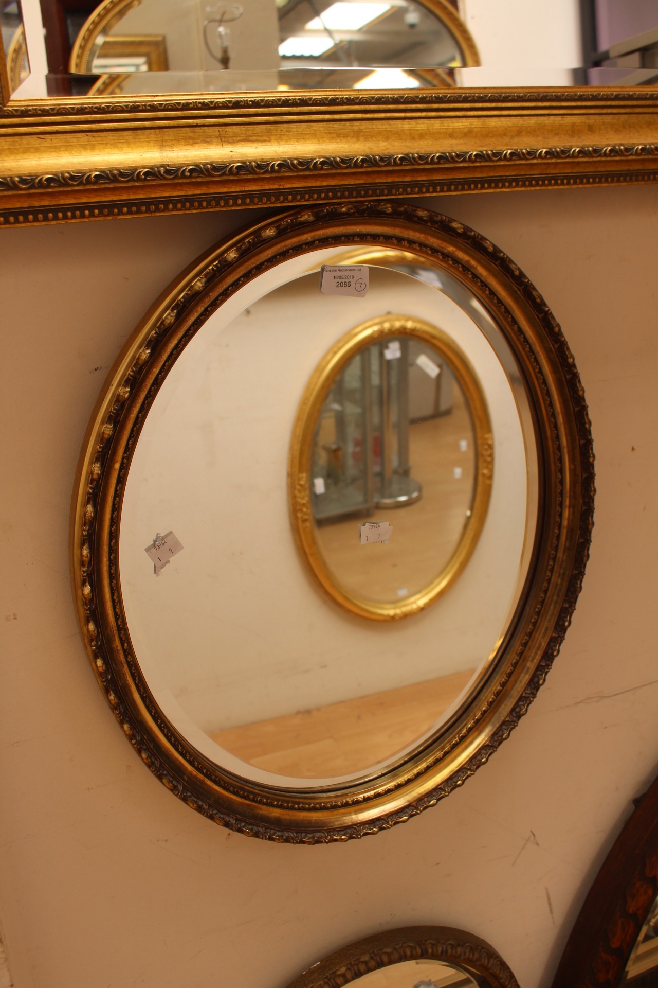 Regency style circular mirror, gilt framed mirror, oval oak framed bevelled mirror,