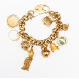A 9ct gold charm bracelet, along with nine 9ct gold and yellow metal charms,