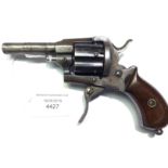 Belgian 7mm pin fire 6 shot pocket revolver. Working double action with folding trigger.