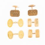 A pair of 9ct gold cufflinks with rectangular shaped terminals and bright cut engraved,