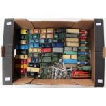 Dinky: One box of assorted playworn, unboxed Dinky Toys to include military vehicles, coaches,
