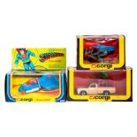 Corgi: A boxed Corgi Superman Supermobile, 265, Batman on Batbike, 268 and Incredible Hulk, 264. (