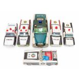 Tinplate: A collection of six tinplate battery operated/friction motor police cars made in Japan, by