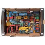 Dinky: One box of assorted playworn, unboxed Dinky Toys to include commercial vehicles, farming