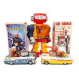 Tinplate: A collection of three battery operated robots, together with a tinplate Atomic Fire Car