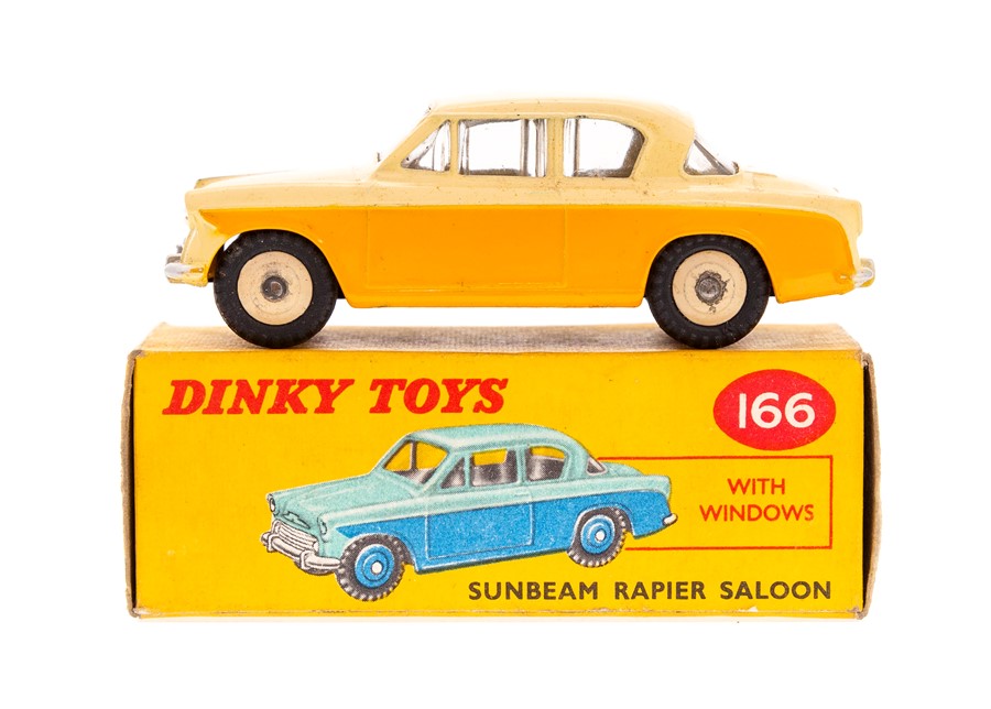 Dinky: A boxed Dinky Toys, Sunbeam Rapier Saloon, 166, yellow and cream body, correct colour spot,